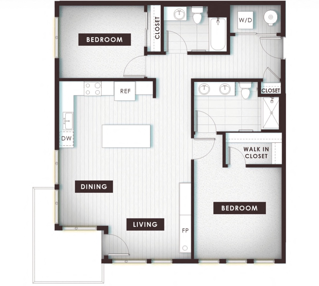 Floor plan for 2 beds, 2 baths, 1145 sqft